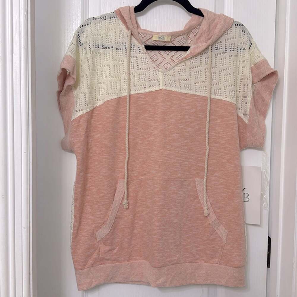 Kori America crochet sweater hood and pockets short sleeve top size M